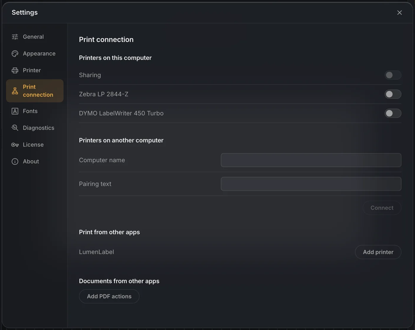 LumenLabel settings with the Print connection tab open and two USB printers listed, sharing still off