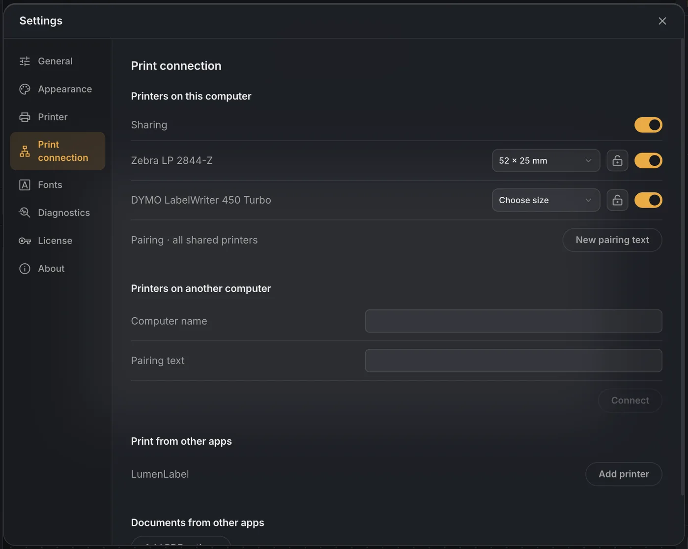 Print connection tab with Sharing on and two shared printers, each with a label size and a padlock