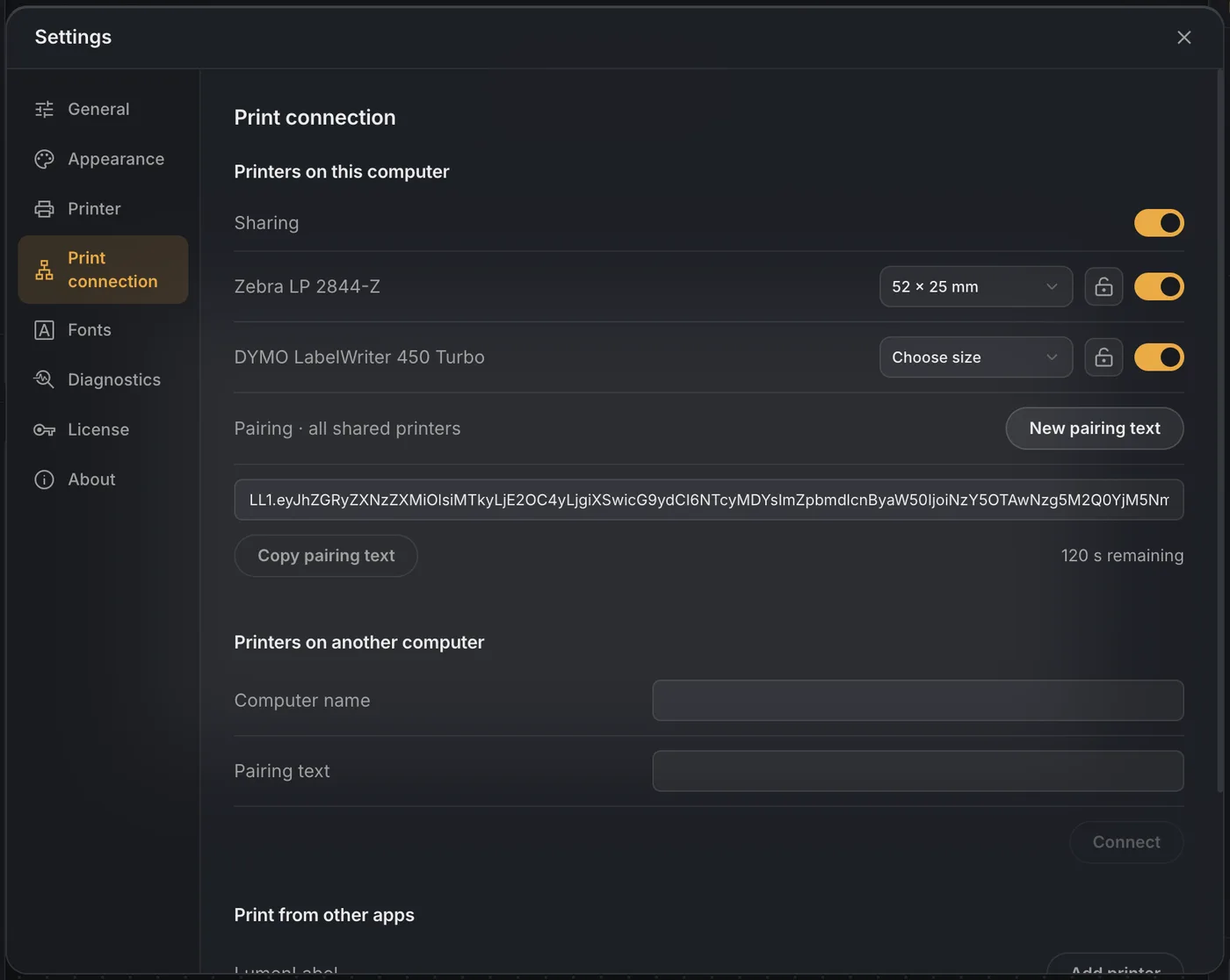 A pairing text starting with LL1, the Copy pairing text button and a counter showing 120 seconds remaining
