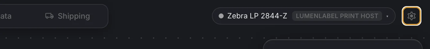 The printer picker at the top right of LumenLabel showing a shared Zebra printer and the label LumenLabel Print Host