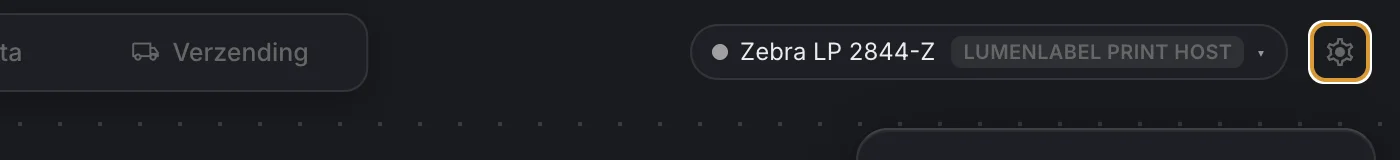 De printerkiezer rechtsboven in LumenLabel met een gedeelde Zebra-printer en het label LumenLabel Print Host