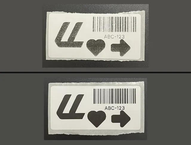 The same test label twice: the first grey print above, the sharper print from LumenLabel below
