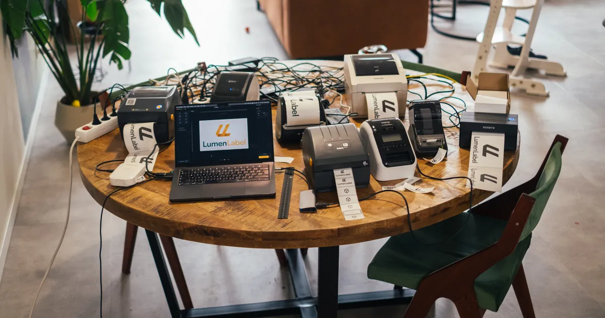 Overview of the test table with about ten label printers, a laptop and test labels
