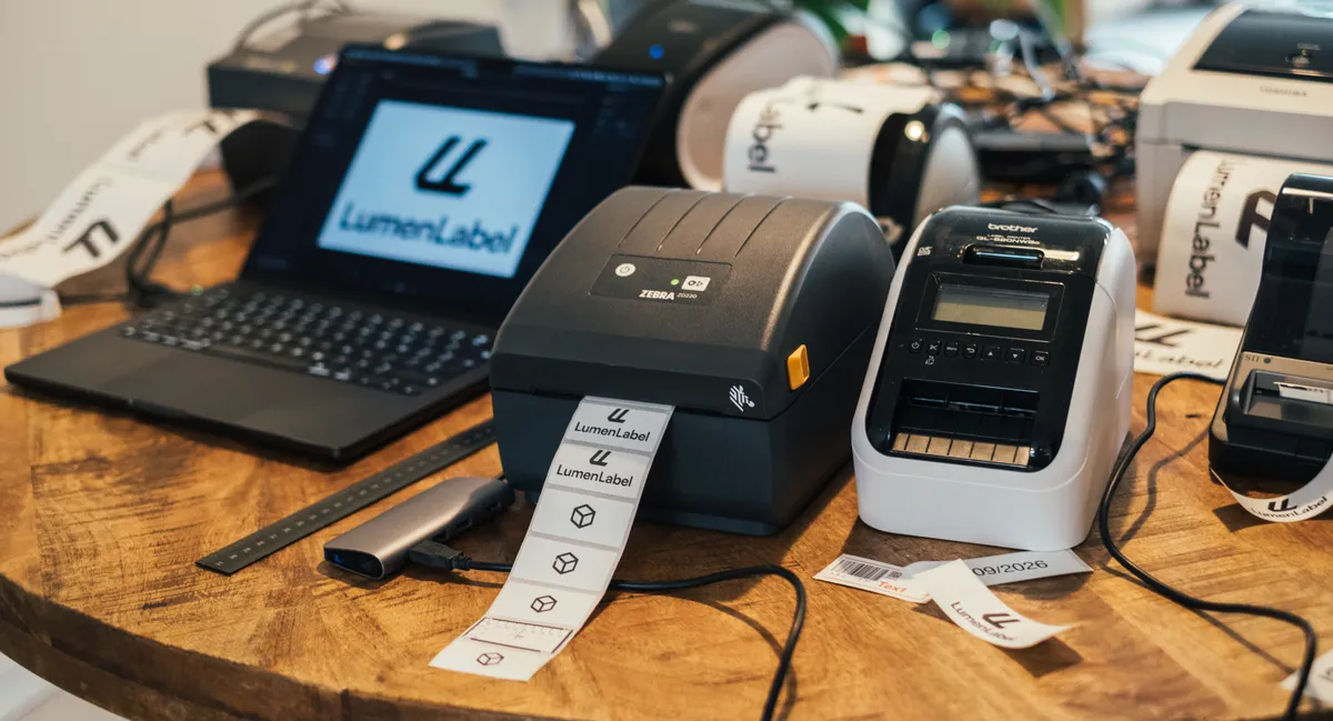 Dining table with a laptop running LumenLabel, a Zebra ZD220 and a Brother QL printer, test labels coming out