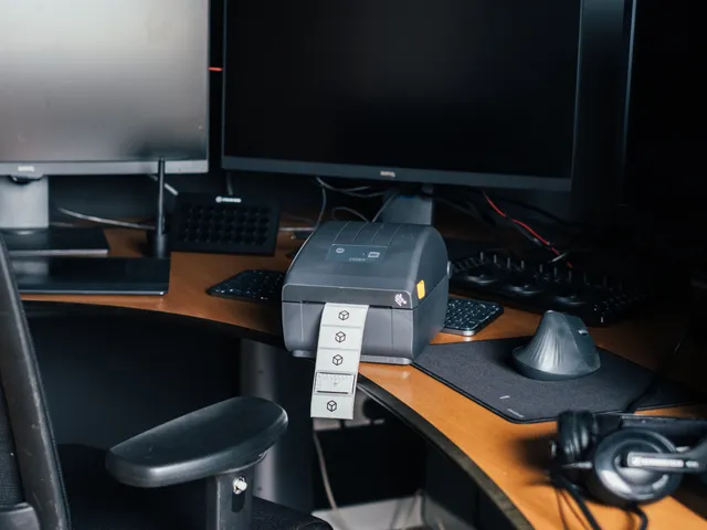 Zebra ZD220 on a desk between two monitors, printing a strip of test labels