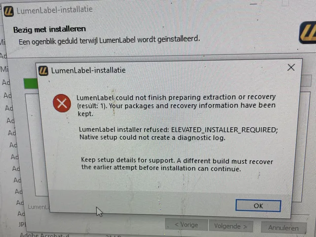 Photo of a Windows screen showing an error message from the LumenLabel installer